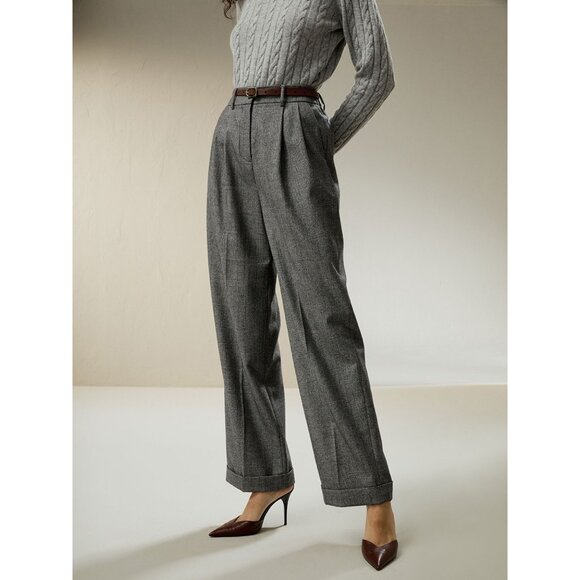 Lilysilk Wide Leg Wool Flannel Suit Trousers in Glen Check - Picture 2 of 7